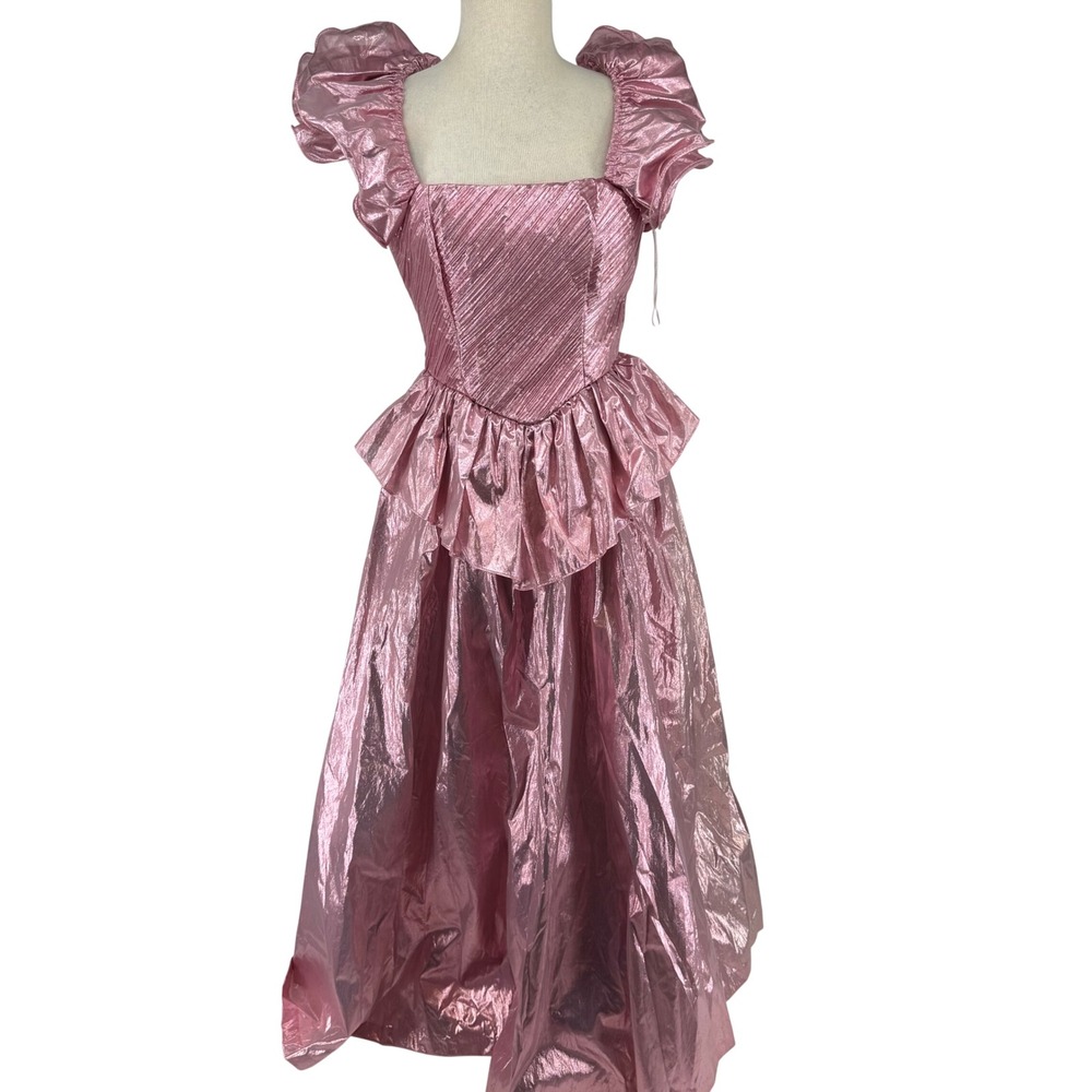 Candi Jones Vintage 80s Formal Dress 9/10 Pink Metallic Peplum Ruffle Prairie